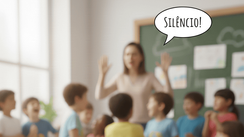 Professora cansada com turma agitada em sala de aula