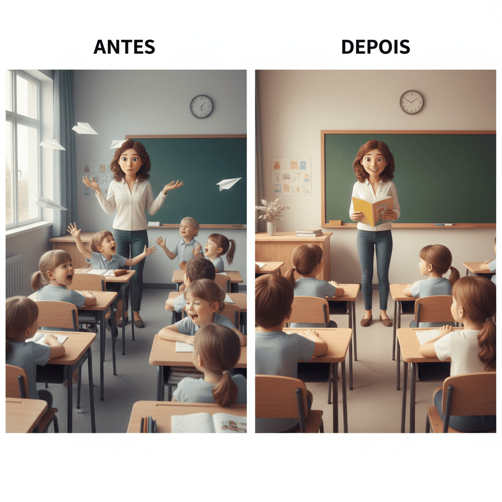 Antes e depois - Sala de aula agitada vs turma calma e focada com o Baralho Turma Calma