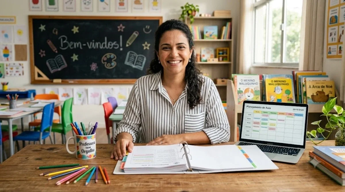 plano de aula BNCC pronto - Professora brasileira sorrindo aliviada em sua mesa com um plano de aula organizado alinhado à BNCC.